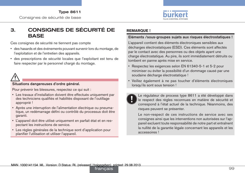 Consignes de sécurité de base | Burkert Type 8611 User Manual | Page 99 / 142