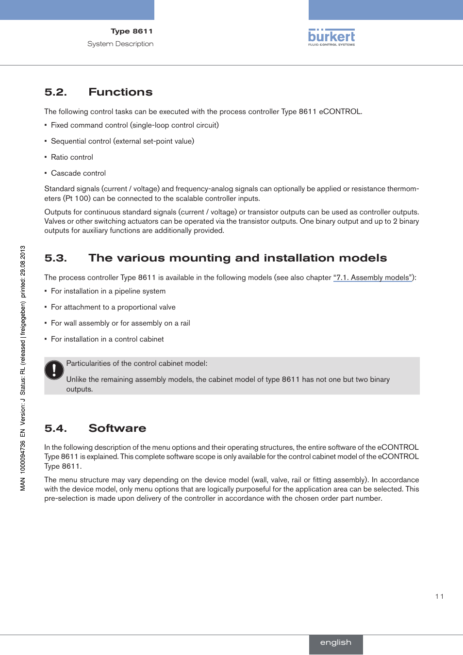 Functions, The various mounting and installation models, Software | Burkert Type 8611 User Manual | Page 11 / 102