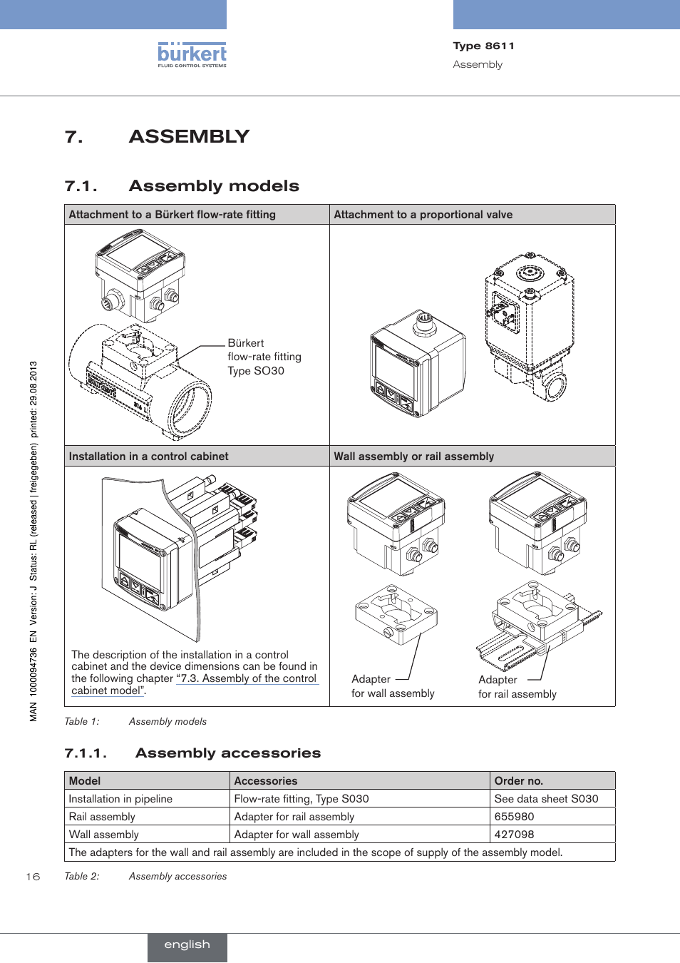 Assembly, Assembly models | Burkert Type 8611 User Manual | Page 16 / 102