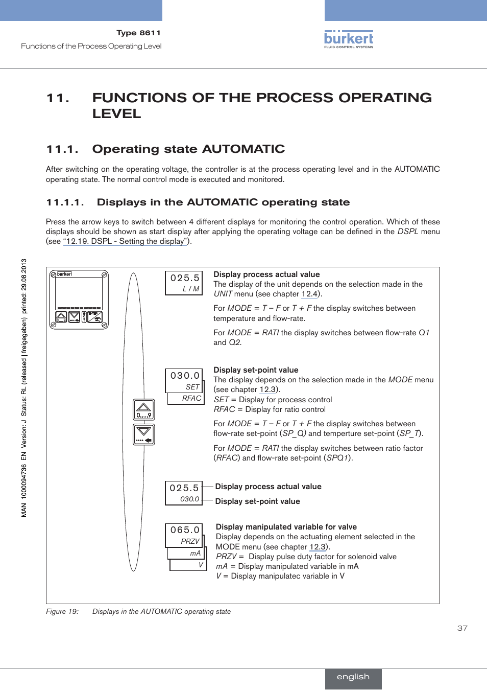 Functions of the process operating level, Operating state automatic, Displays in the automatic operating state | Burkert Type 8611 User Manual | Page 37 / 102