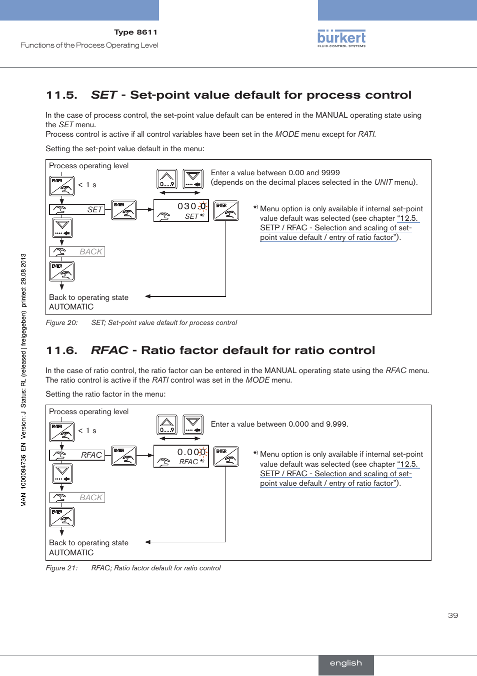 Set - set-point value default for process control, Rfac - ratio factor default for ratio control | Burkert Type 8611 User Manual | Page 39 / 102