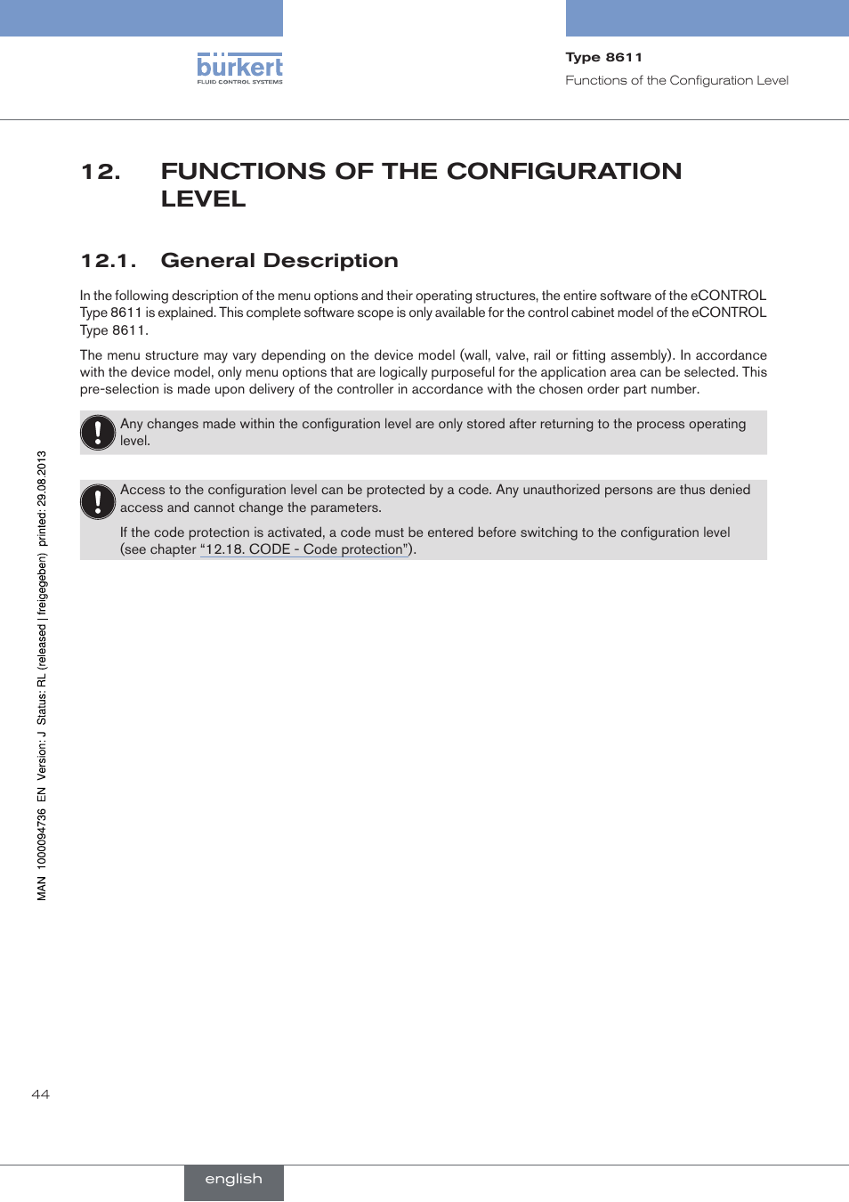 Functions of the configuration level, General description | Burkert Type 8611 User Manual | Page 44 / 102