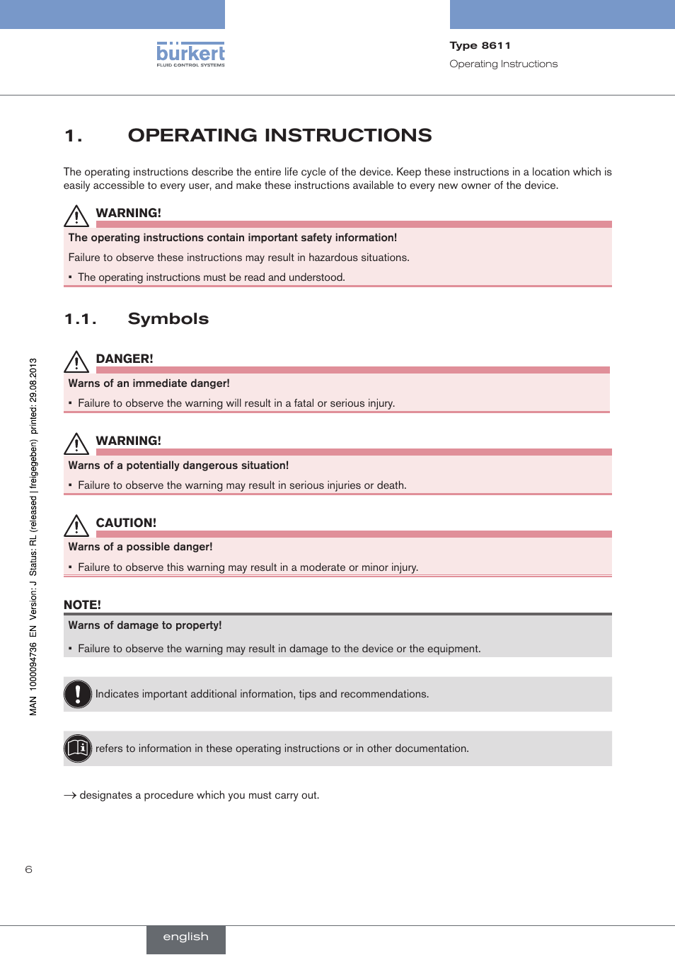 Operating instructions, Symbols | Burkert Type 8611 User Manual | Page 6 / 102