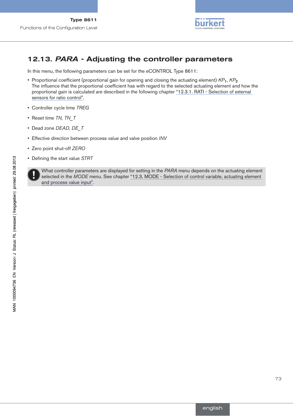 Para - adjusting the controller parameters, See chapter 12.13 | Burkert Type 8611 User Manual | Page 73 / 102