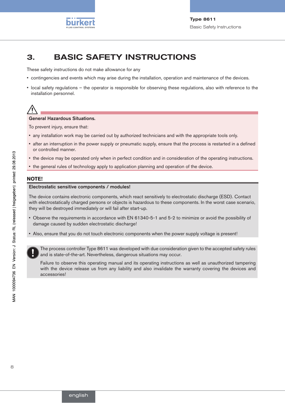 Basic safety instructions | Burkert Type 8611 User Manual | Page 8 / 102