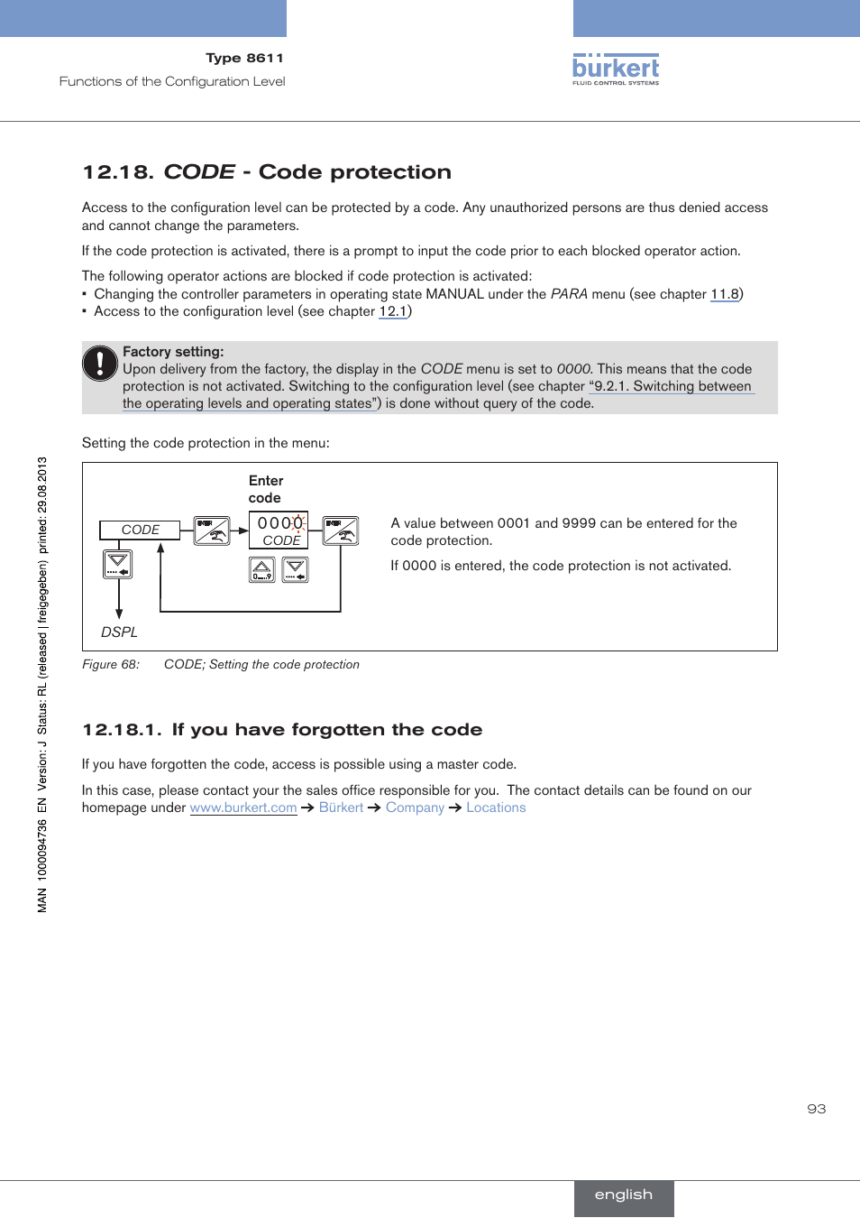 Code - code protection, See chapter 12.18), See chapter 12.18 | Burkert Type 8611 User Manual | Page 93 / 102