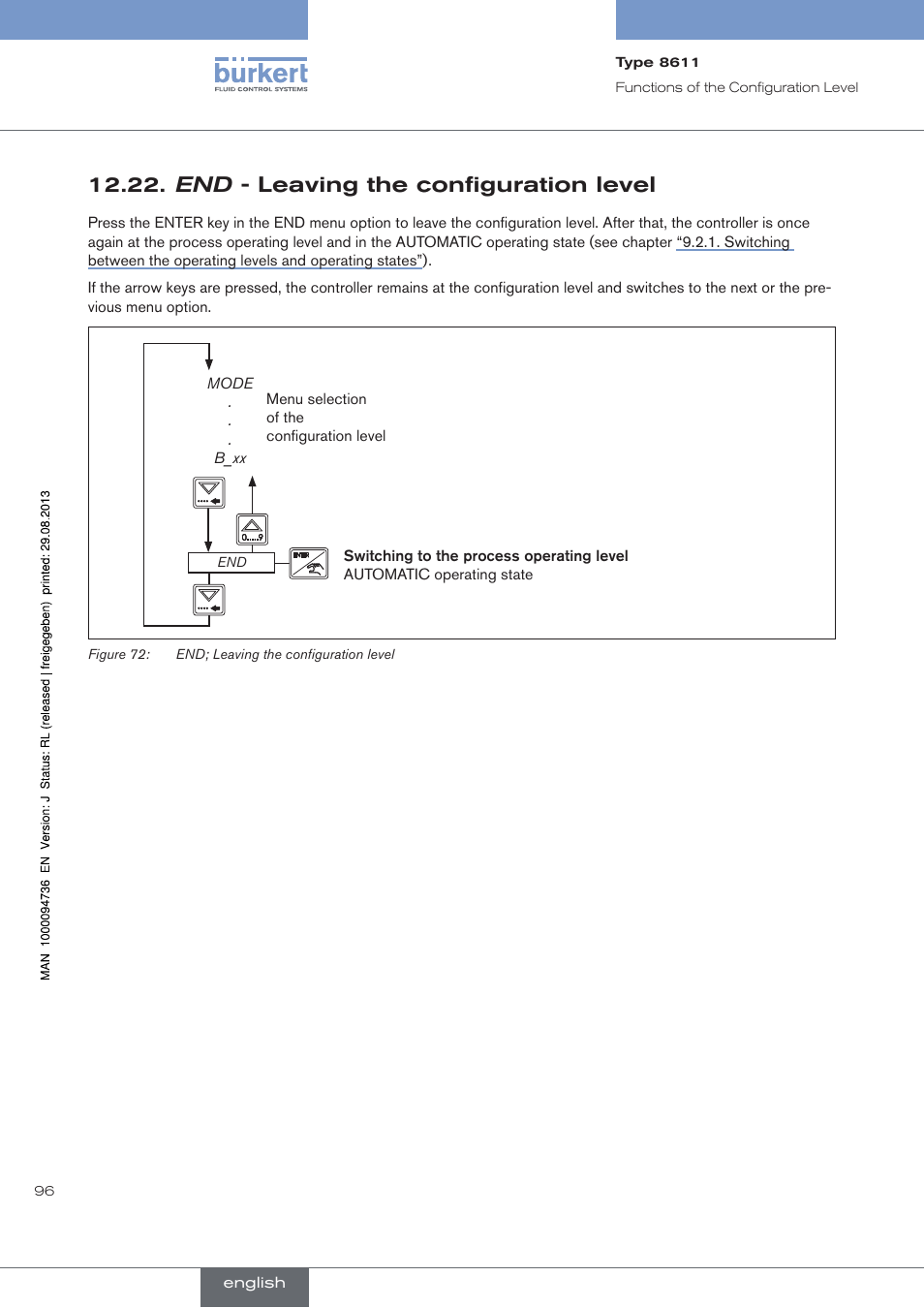 End - leaving the configuration level, End - leaving the configuration level, See chapter 12.22 | Burkert Type 8611 User Manual | Page 96 / 102