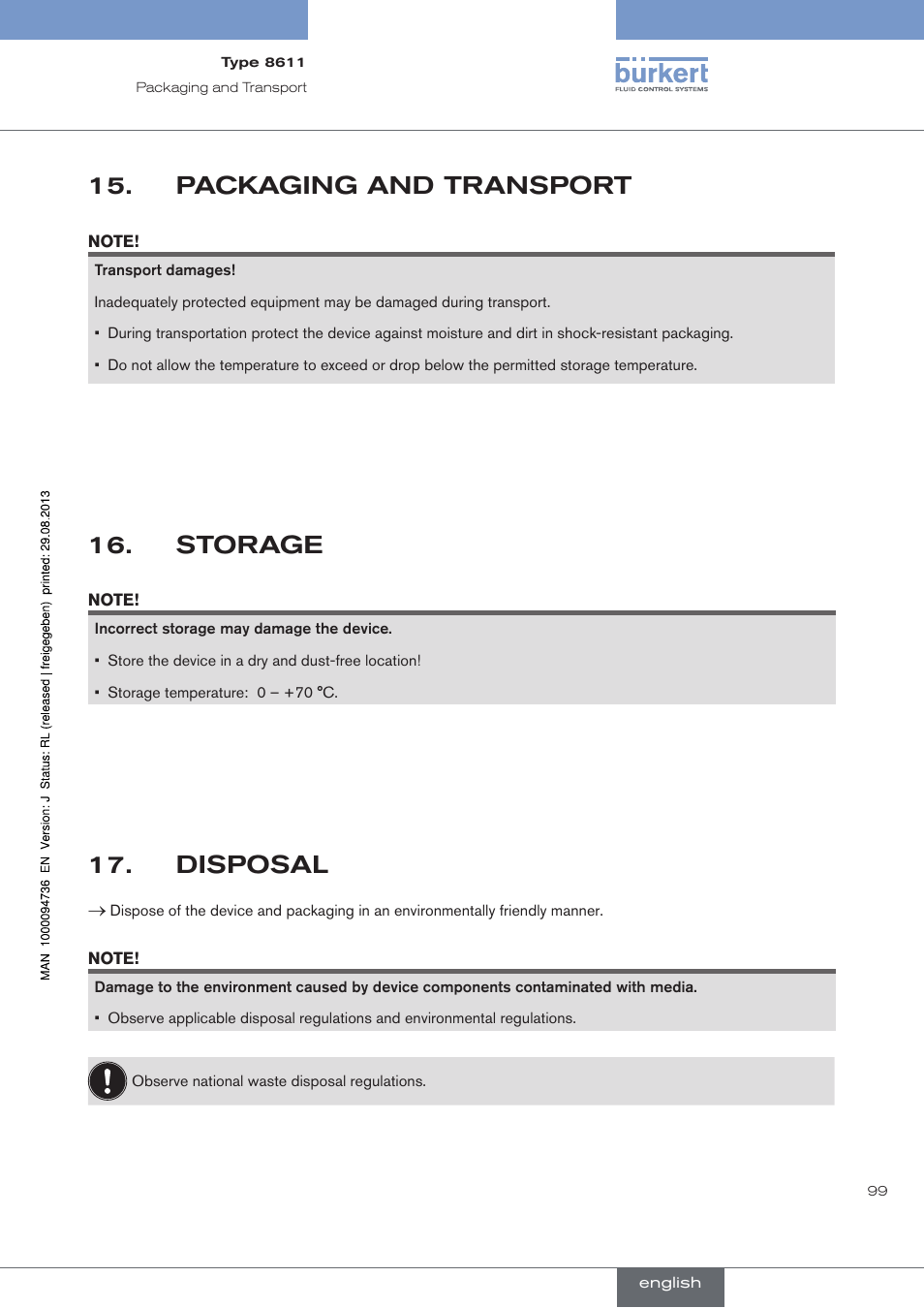 Packaging and transport, Storage, Disposal | Burkert Type 8611 User Manual | Page 99 / 102