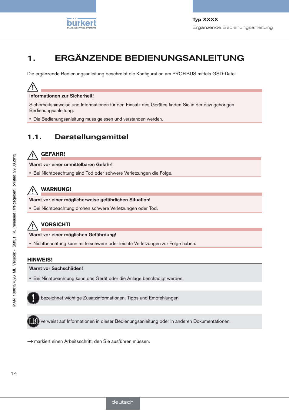 Ergänzende bedienungsanleitung, Darstellungsmittel, Ergänzende bedienungsanleitung 1 | Darstellungsmittel 1.1 | Burkert Type 8716 User Manual | Page 14 / 34