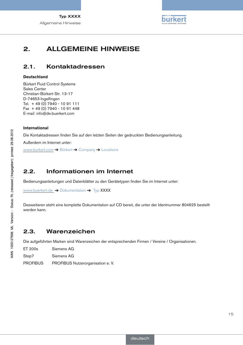 Allgemeine hinweise, Kontaktadressen, Informationen im internet | Warenzeichen, Allgemeine hinweise 2, Kontaktadressen 2.1, Informationen im internet 2.2, Warenzeichen 2.3 | Burkert Type 8716 User Manual | Page 15 / 34