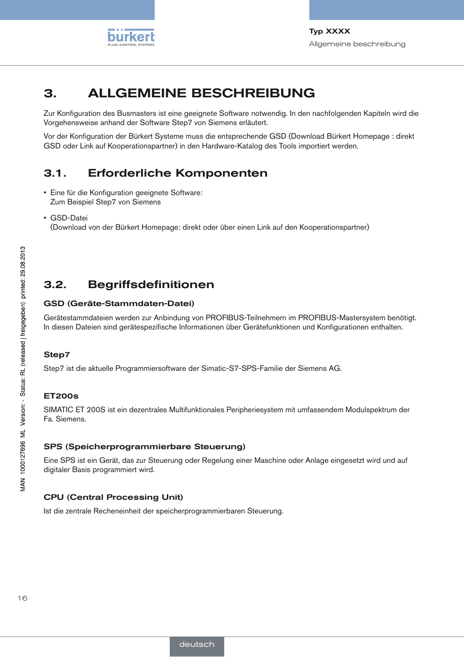 Allgemeine beschreibung, Erforderliche komponenten, Begriffsdefinitionen | Allgemeine beschreibung 3, Erforderliche komponenten 3.1, Begriffsdefinitionen 3.2 | Burkert Type 8716 User Manual | Page 16 / 34