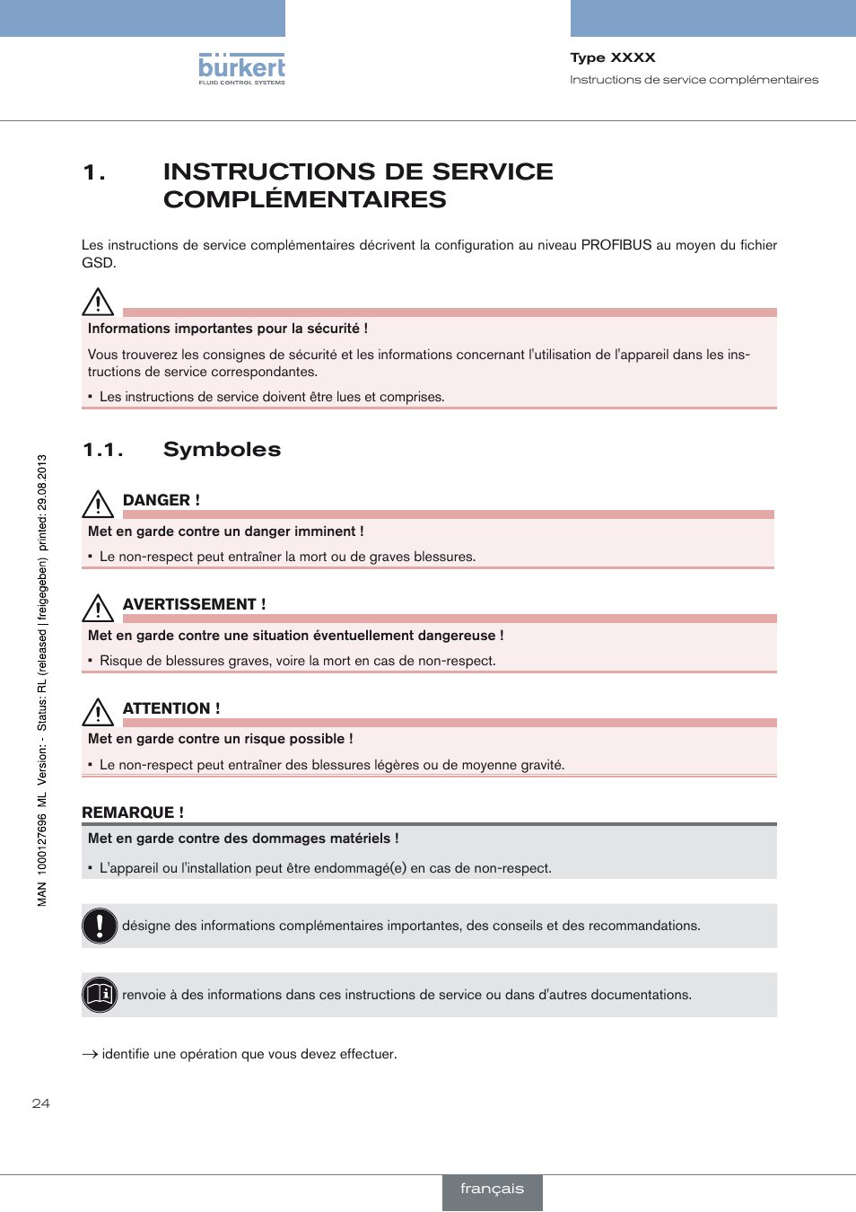 Instructions de service complémentaires, Symboles, Instructions de service 1. complémentaires | Symboles 1.1 | Burkert Type 8716 User Manual | Page 24 / 34