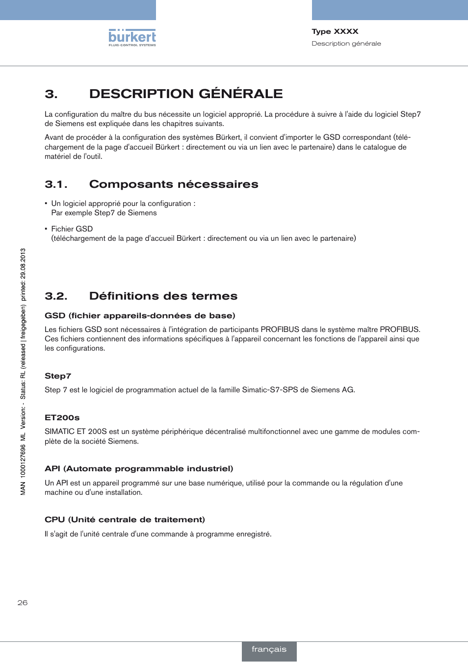 Description générale, Composants nécessaires, Définitions des termes | Description générale 3, Composants nécessaires 3.1, Définitions des termes 3.2 | Burkert Type 8716 User Manual | Page 26 / 34