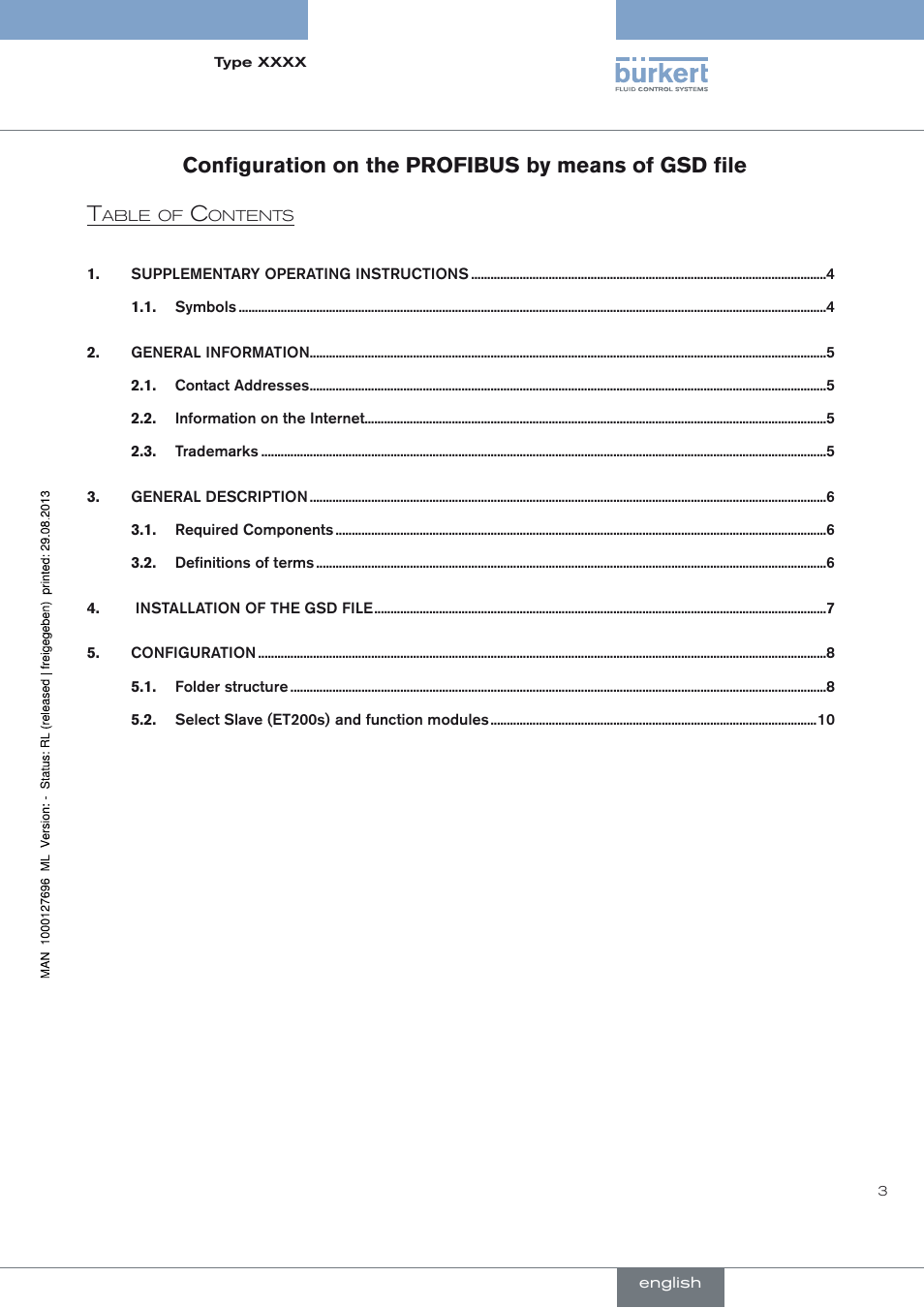 English, Configuration on the profibus by means of gsd file | Burkert Type 8716 User Manual | Page 3 / 34