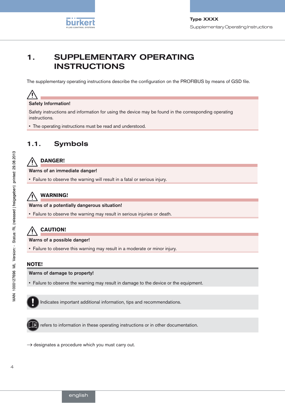 Supplementary operating instructions, Symbols, Supplementary operating 1. instructions | Symbols 1.1 | Burkert Type 8716 User Manual | Page 4 / 34