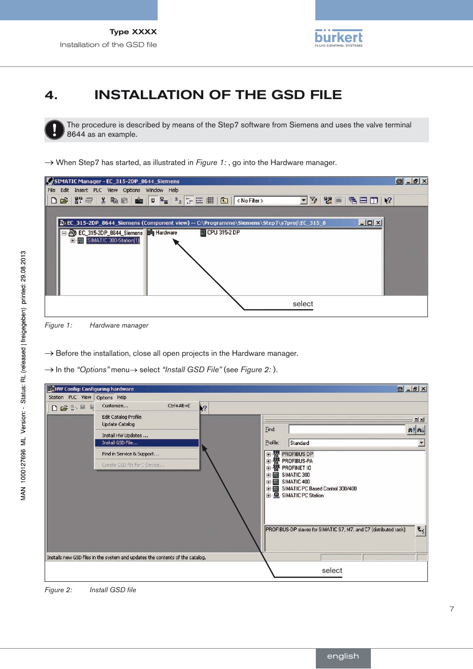 Installation of the gsd file, Installation of the gsd file 4 | Burkert Type 8716 User Manual | Page 7 / 34