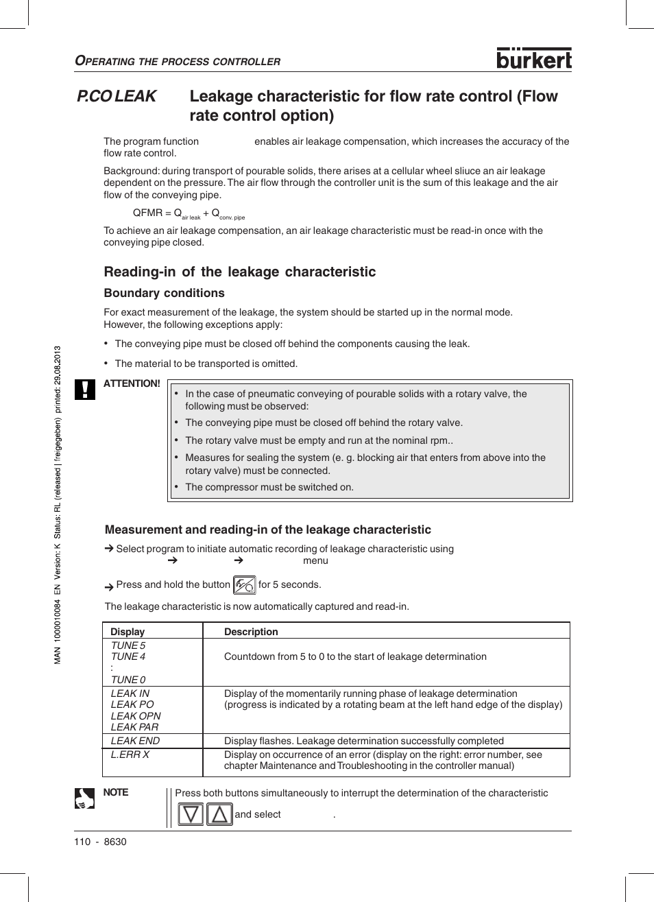 Reading-in of the leakage characteristic | Burkert Type 8630 User Manual | Page 112 / 186