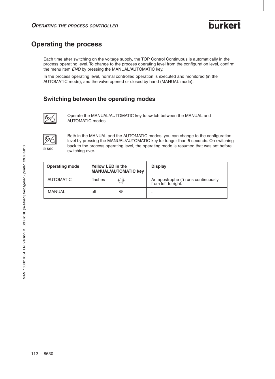 Operating the process, Switching between the operating modes | Burkert Type 8630 User Manual | Page 114 / 186