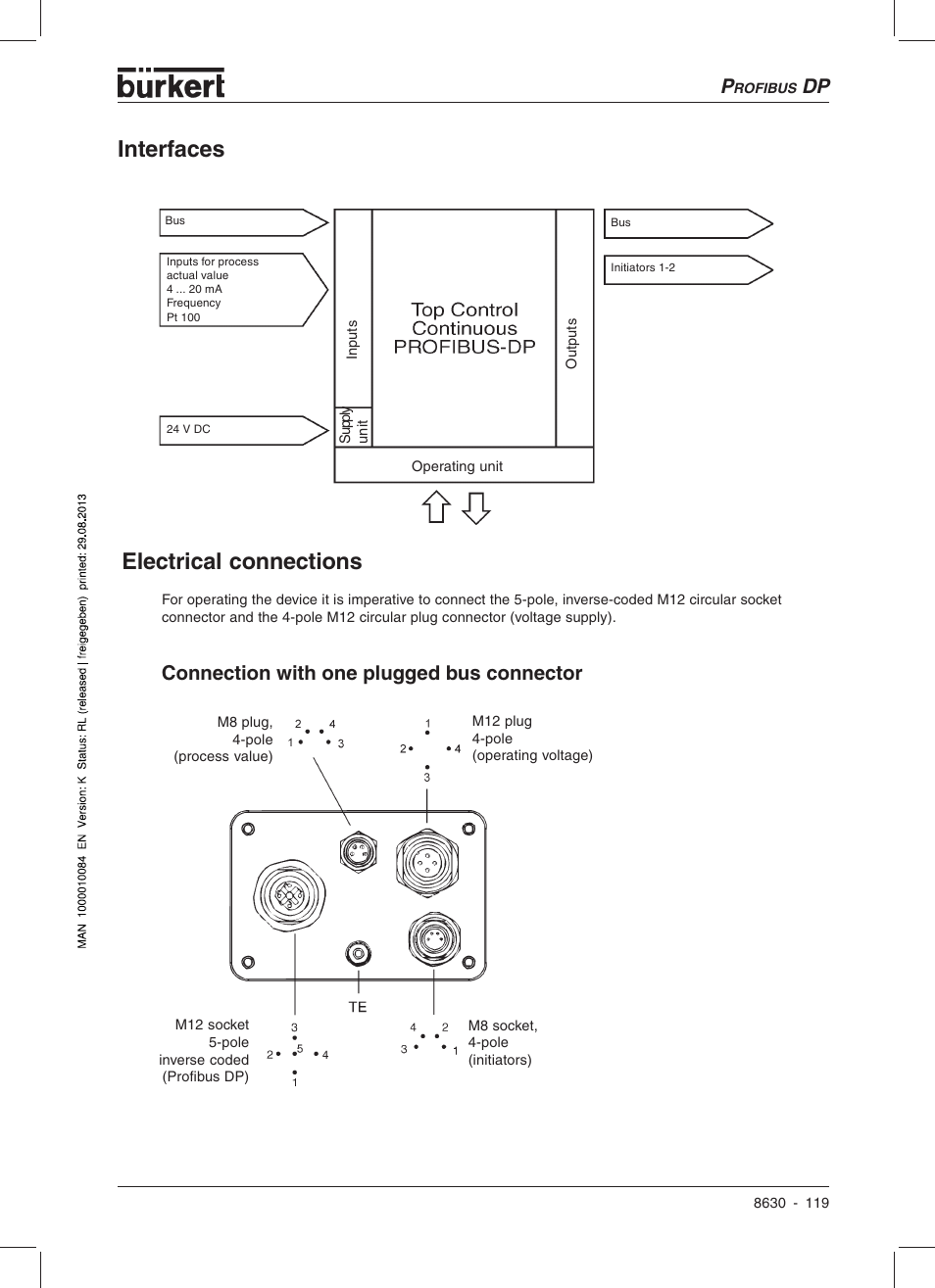 Interfaces electrical connections, Connection with one plugged bus connector | Burkert Type 8630 User Manual | Page 121 / 186