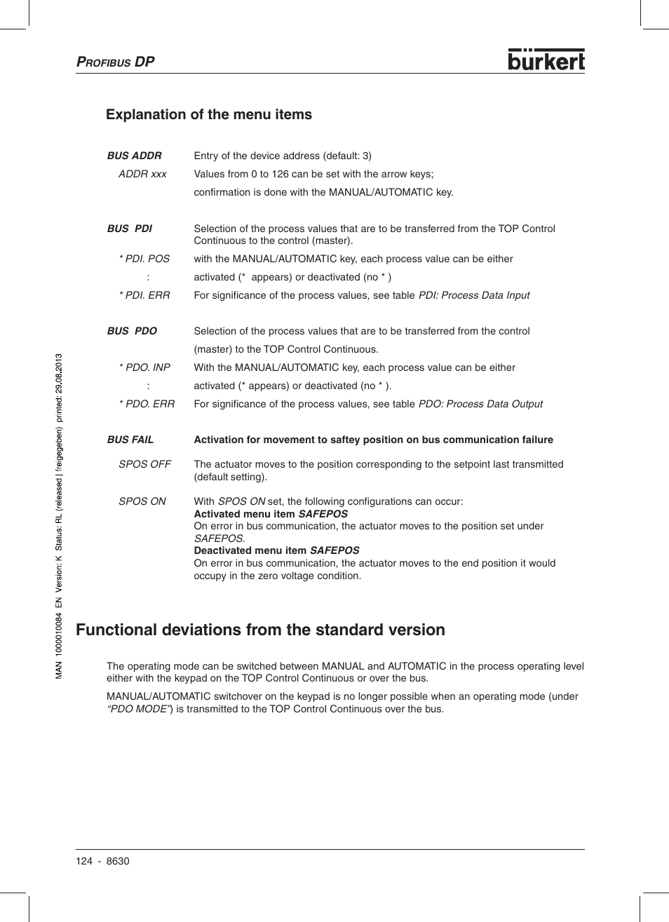 Functional deviations from the standard version, Dp explanation of the menu items | Burkert Type 8630 User Manual | Page 126 / 186