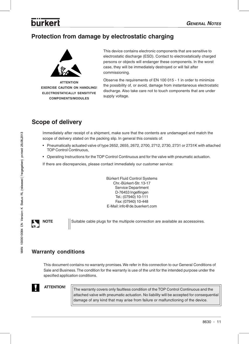 Scope of delivery, Protection from damage by electrostatic charging, Warranty conditions | Burkert Type 8630 User Manual | Page 13 / 186