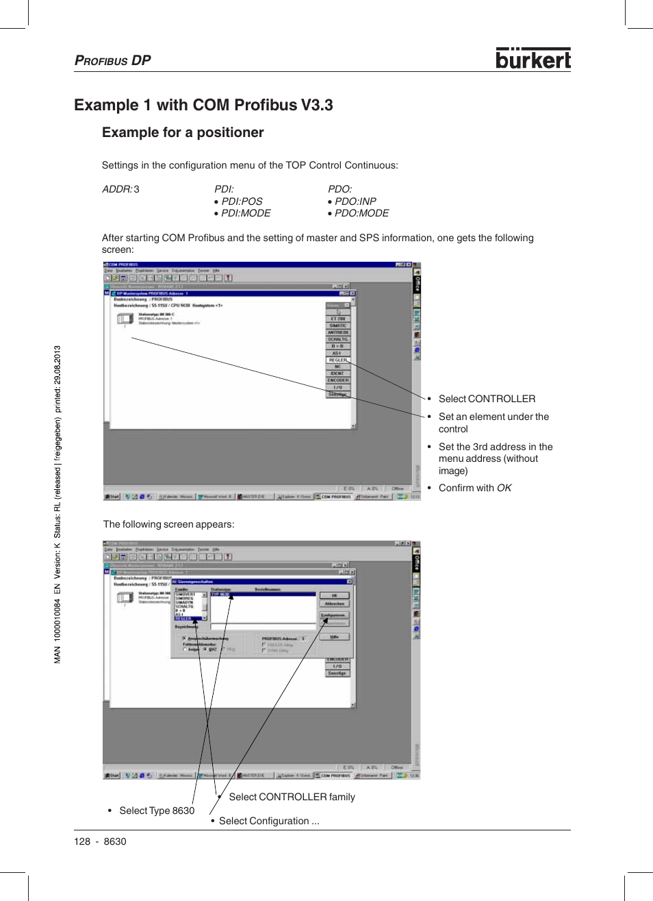 Example 1 with com profibus v3.3, Example for a positioner | Burkert Type 8630 User Manual | Page 130 / 186