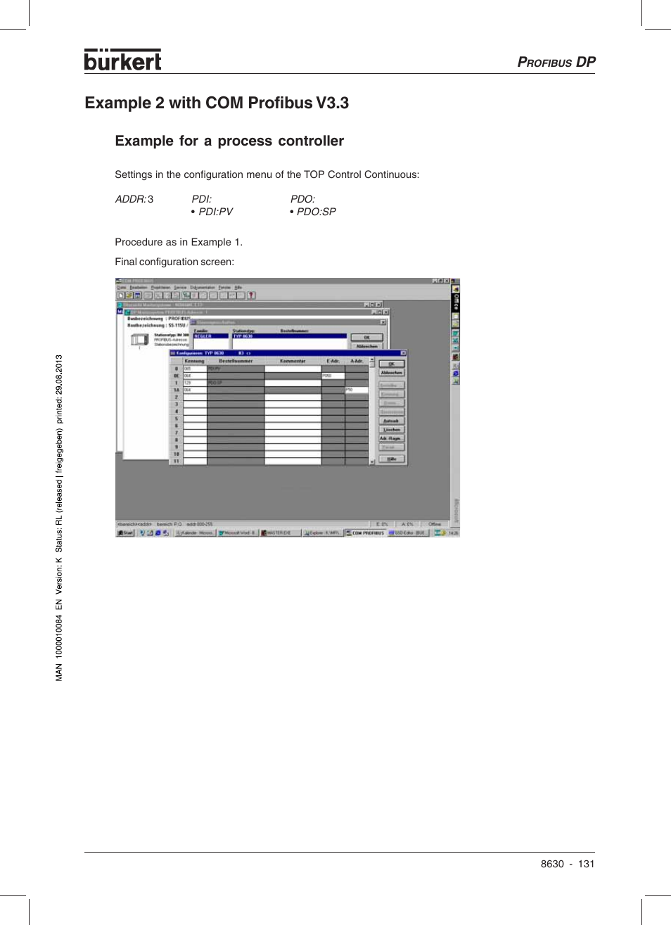 Example 2 with com profibus v3.3, Example for a process controller | Burkert Type 8630 User Manual | Page 133 / 186