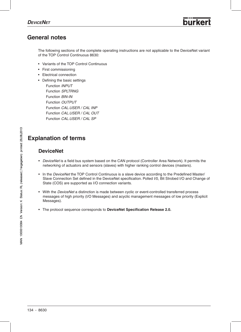 Explanation of terms, Devicenet | Burkert Type 8630 User Manual | Page 136 / 186