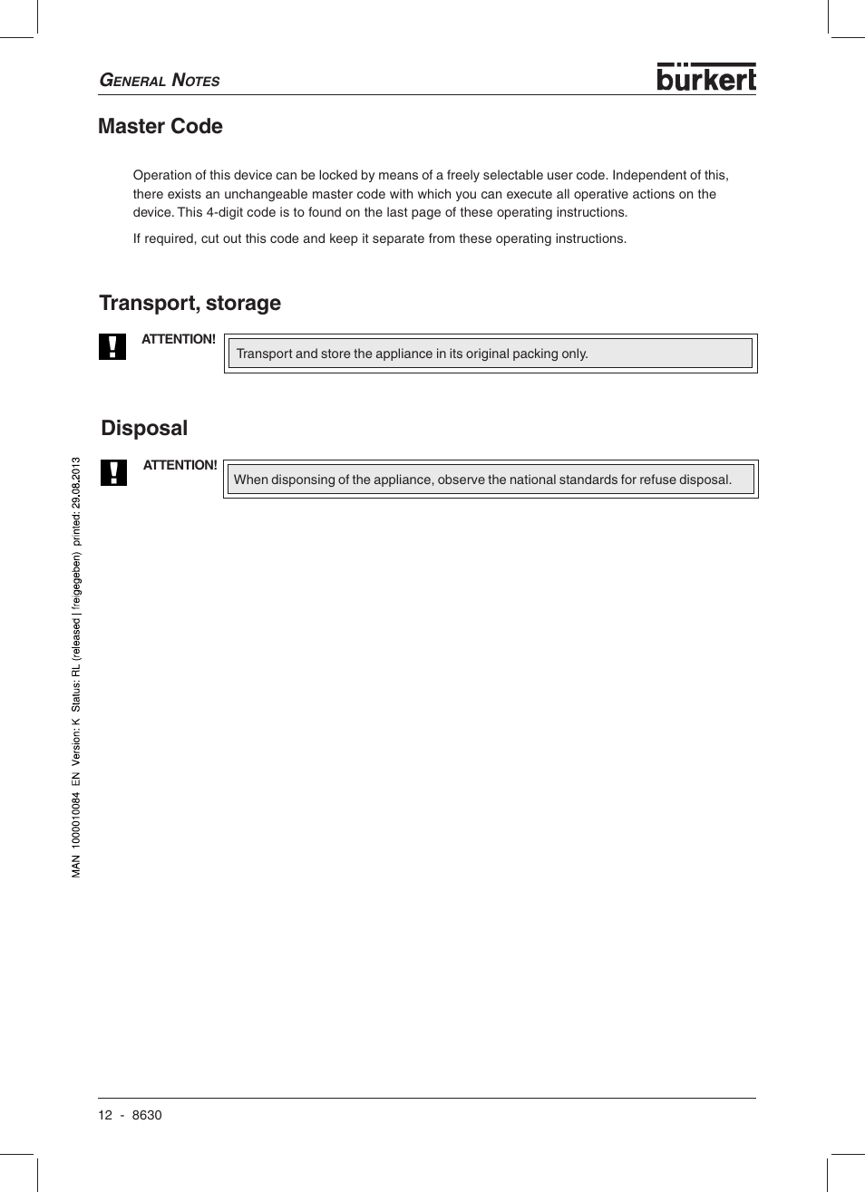 Master code, Transport, storage, Disposal | Burkert Type 8630 User Manual | Page 14 / 186