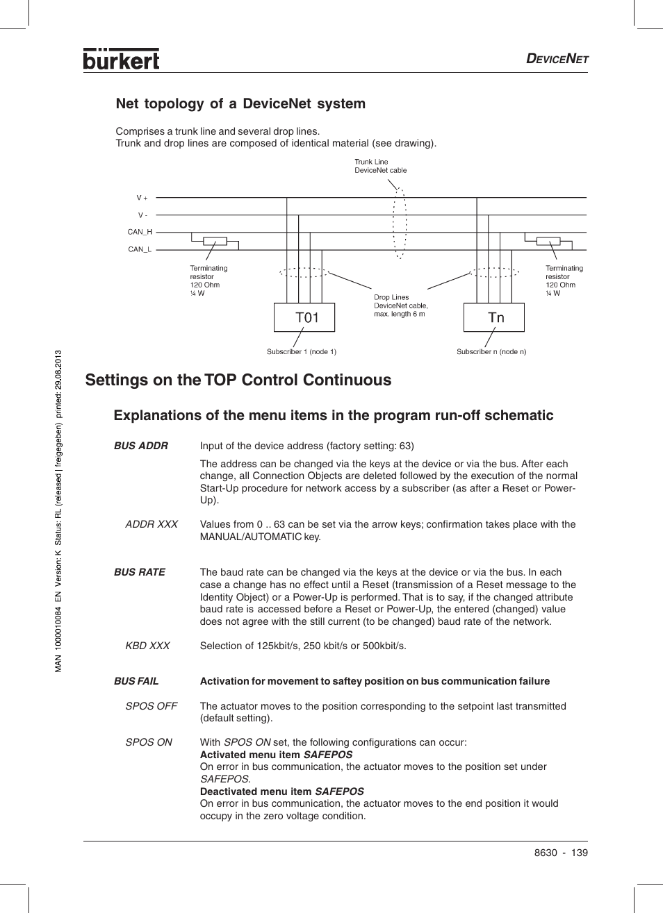 Settings on the top control continuous, Net topology of a devicenet system | Burkert Type 8630 User Manual | Page 141 / 186