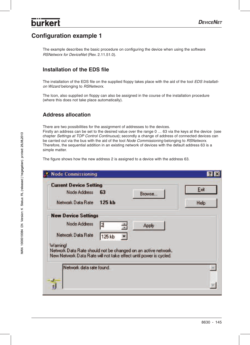Configuration example 1, Installation of the eds file, Address allocation | Burkert Type 8630 User Manual | Page 147 / 186