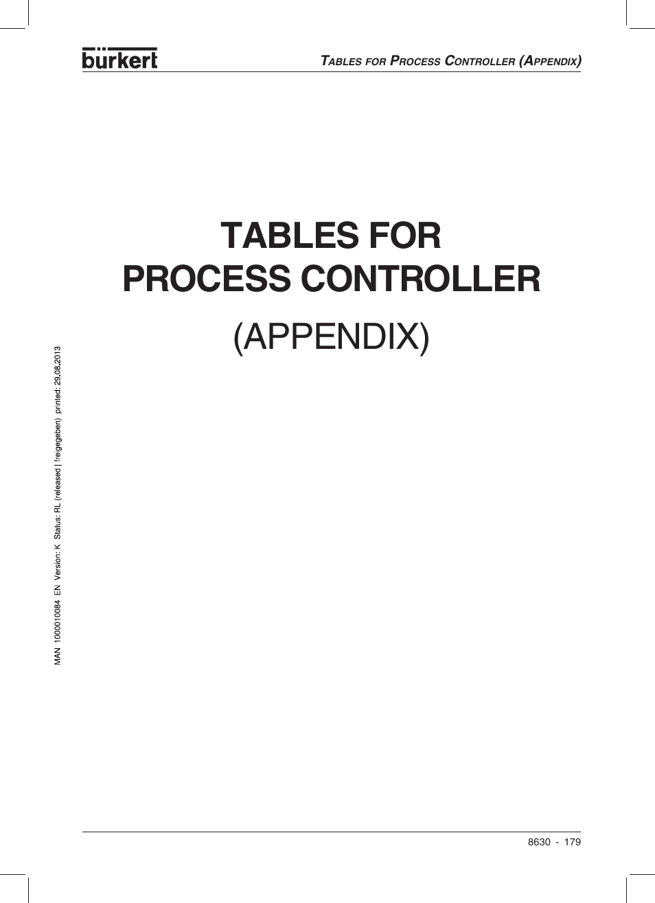 Tables for process controller, Appendix) | Burkert Type 8630 User Manual | Page 181 / 186