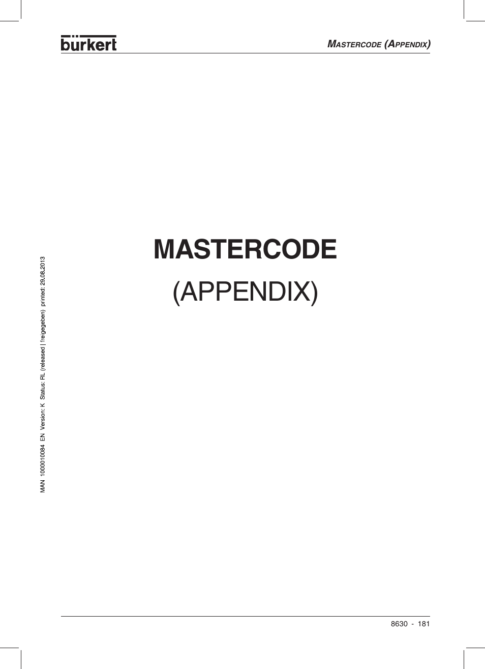 Mastercode, Appendix) | Burkert Type 8630 User Manual | Page 183 / 186