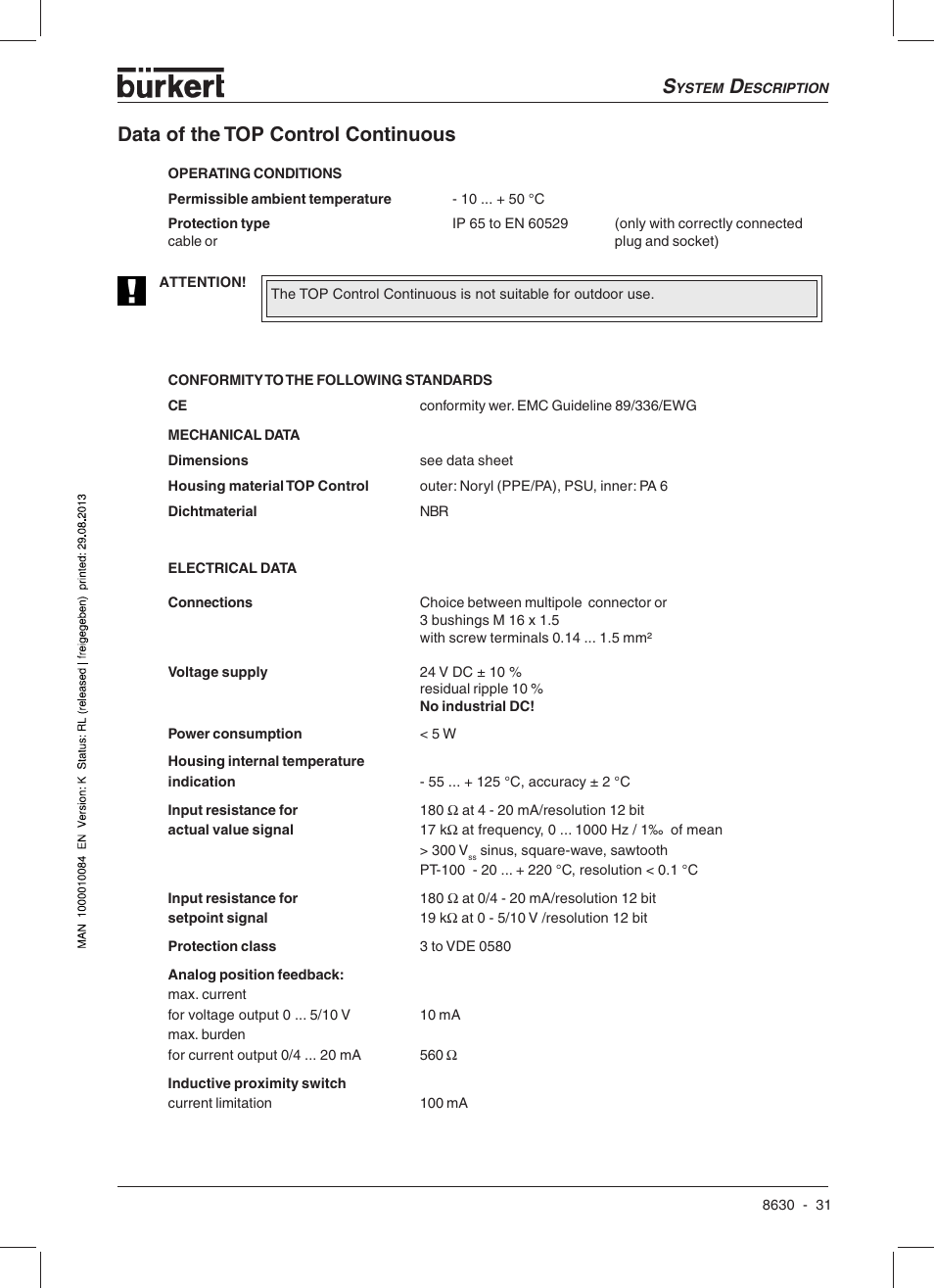 Data of the top control continuous | Burkert Type 8630 User Manual | Page 33 / 186