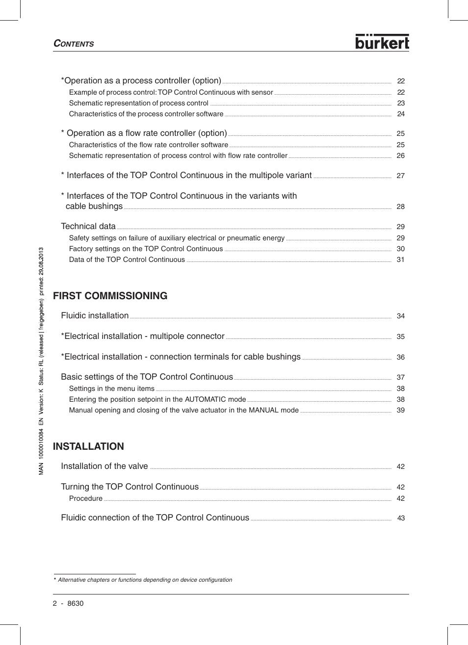 First commissioning, Installation, Operation as a process controller (option) | Operation as a flow rate controller (option), Technical data, Fluidic installation, Electrical installation - multipole connector, Basic settings of the top control continuous, Installation of the valve, Turning the top control continuous | Burkert Type 8630 User Manual | Page 4 / 186
