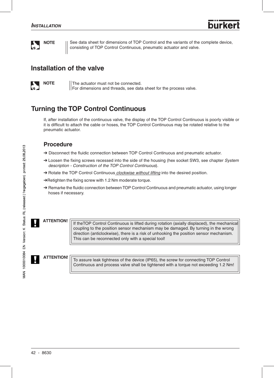 Installation of the valve, Turning the top control continuous, Procedure | Burkert Type 8630 User Manual | Page 44 / 186