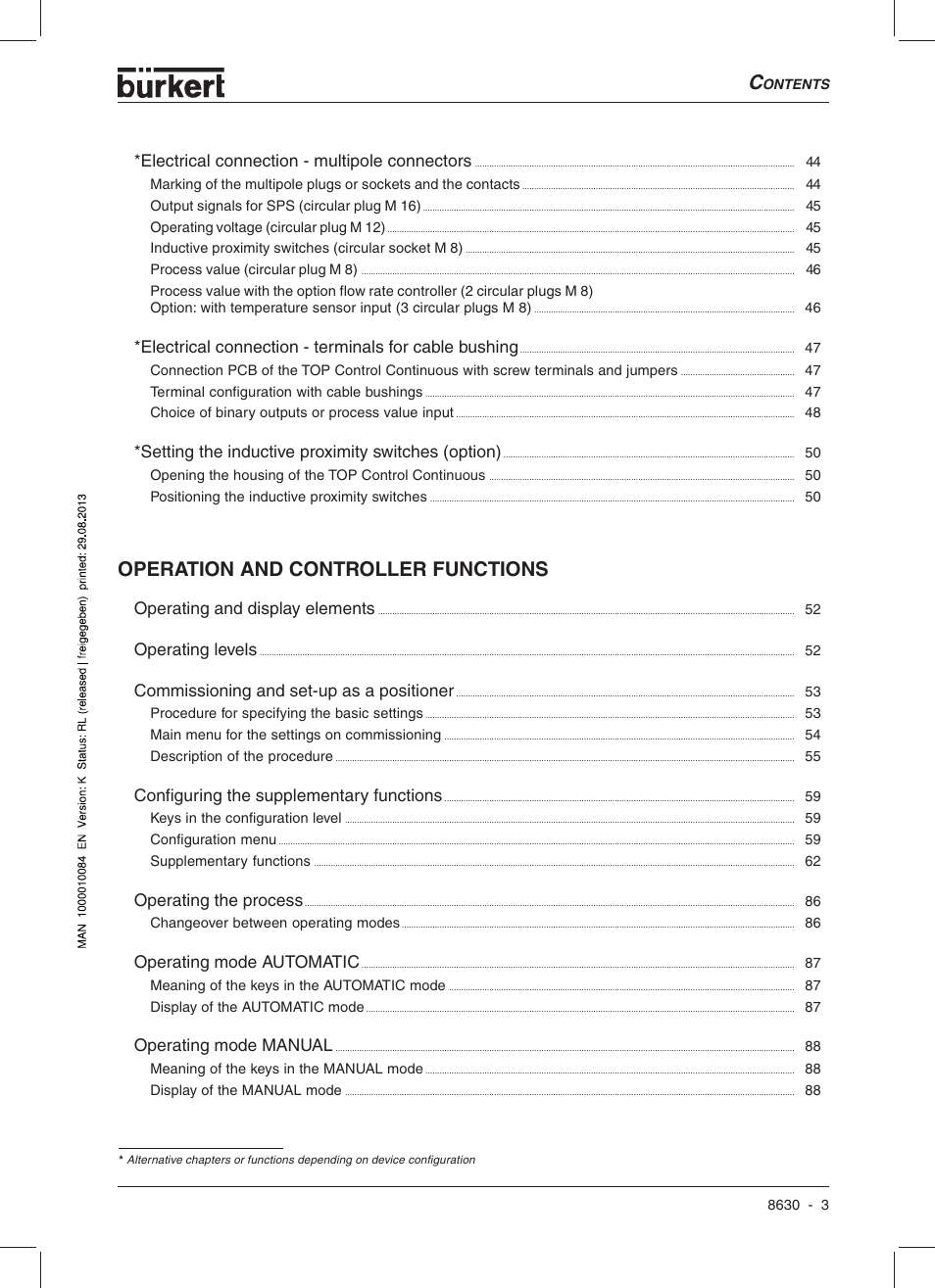 Operation and controller functions, Electrical connection - multipole connectors, Setting the inductive proximity switches (option) | Operating and display elements, Operating levels, Commissioning and set-up as a positioner, Configuring the supplementary functions, Operating the process, Operating mode automatic, Operating mode manual | Burkert Type 8630 User Manual | Page 5 / 186