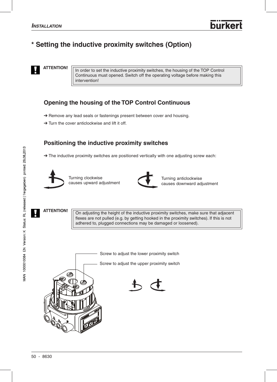 Setting the inductive proximity switches (option), Opening the housing of the top control continuous, Positioning the inductive proximity switches | Burkert Type 8630 User Manual | Page 52 / 186