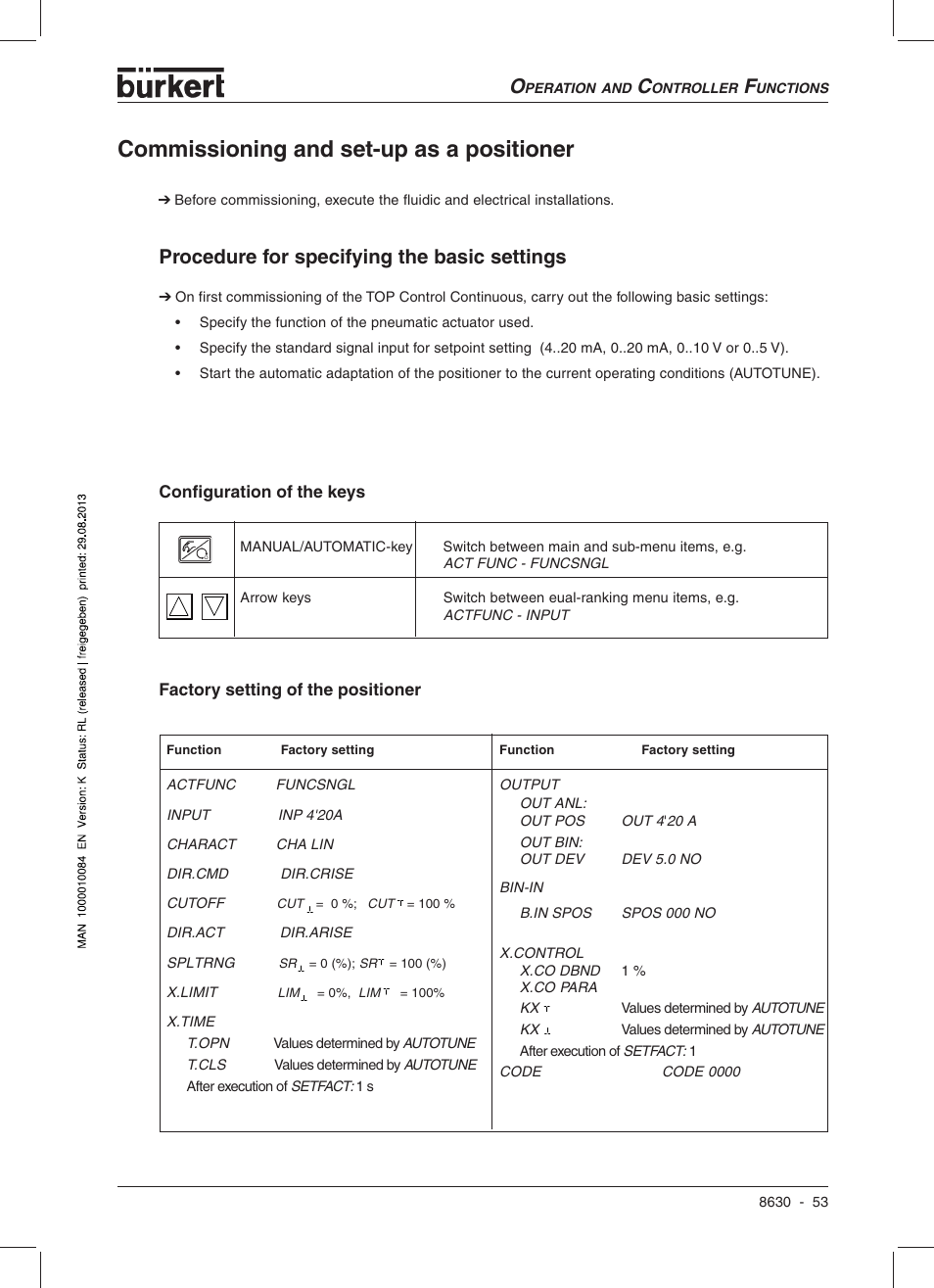 Commissioning and set-up as a positioner, Procedure for specifying the basic settings | Burkert Type 8630 User Manual | Page 55 / 186
