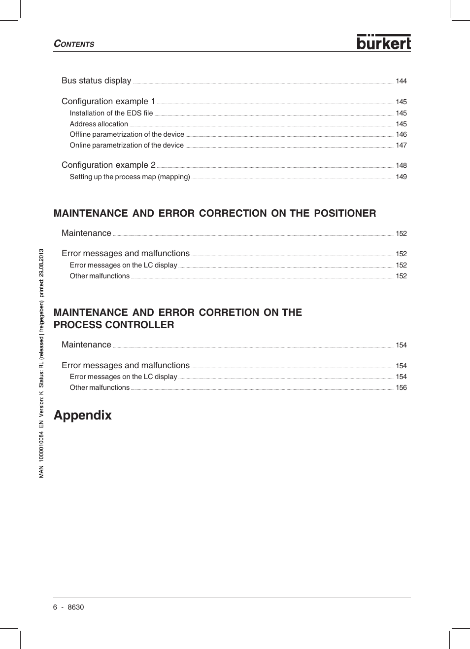 Appendix, Maintenance and error correction on the positioner, Bus status display | Configuration example 1, Configuration example 2, Maintenance, Error messages and malfunctions | Burkert Type 8630 User Manual | Page 8 / 186