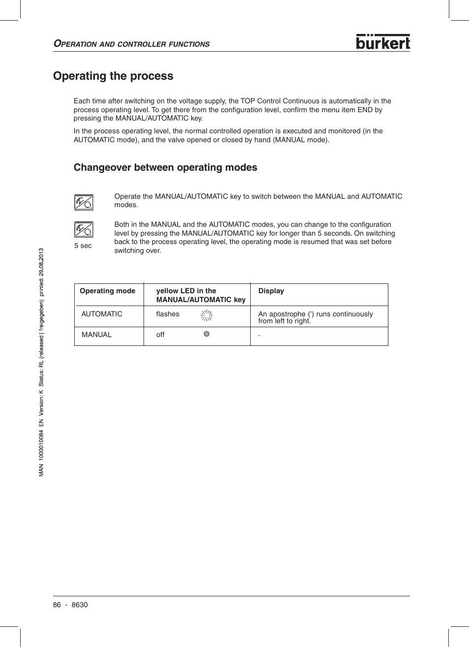 Operating the process, Changeover between operating modes | Burkert Type 8630 User Manual | Page 88 / 186