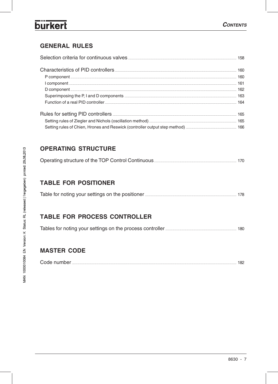 General rules, Operating structure, Table for positioner | Table for process controller, Master code, Selection criteria for continuous valves, Characteristics of pid controllers, Rules for setting pid controllers, Operating structure of the top control continuous, Table for noting your settings on the positioner | Burkert Type 8630 User Manual | Page 9 / 186