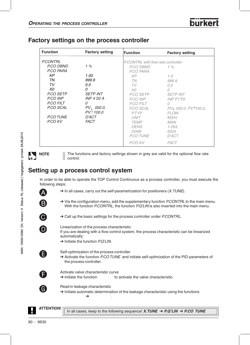 Factory settings on the process controller, Setting up a process control system | Burkert Type 8630 User Manual | Page 92 / 186