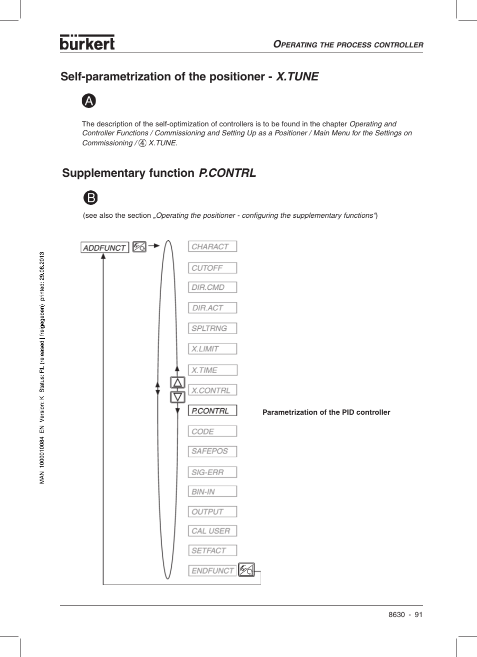 Self-parametrization of the positioner - x.tune, Supplementary function p.contrl | Burkert Type 8630 User Manual | Page 93 / 186