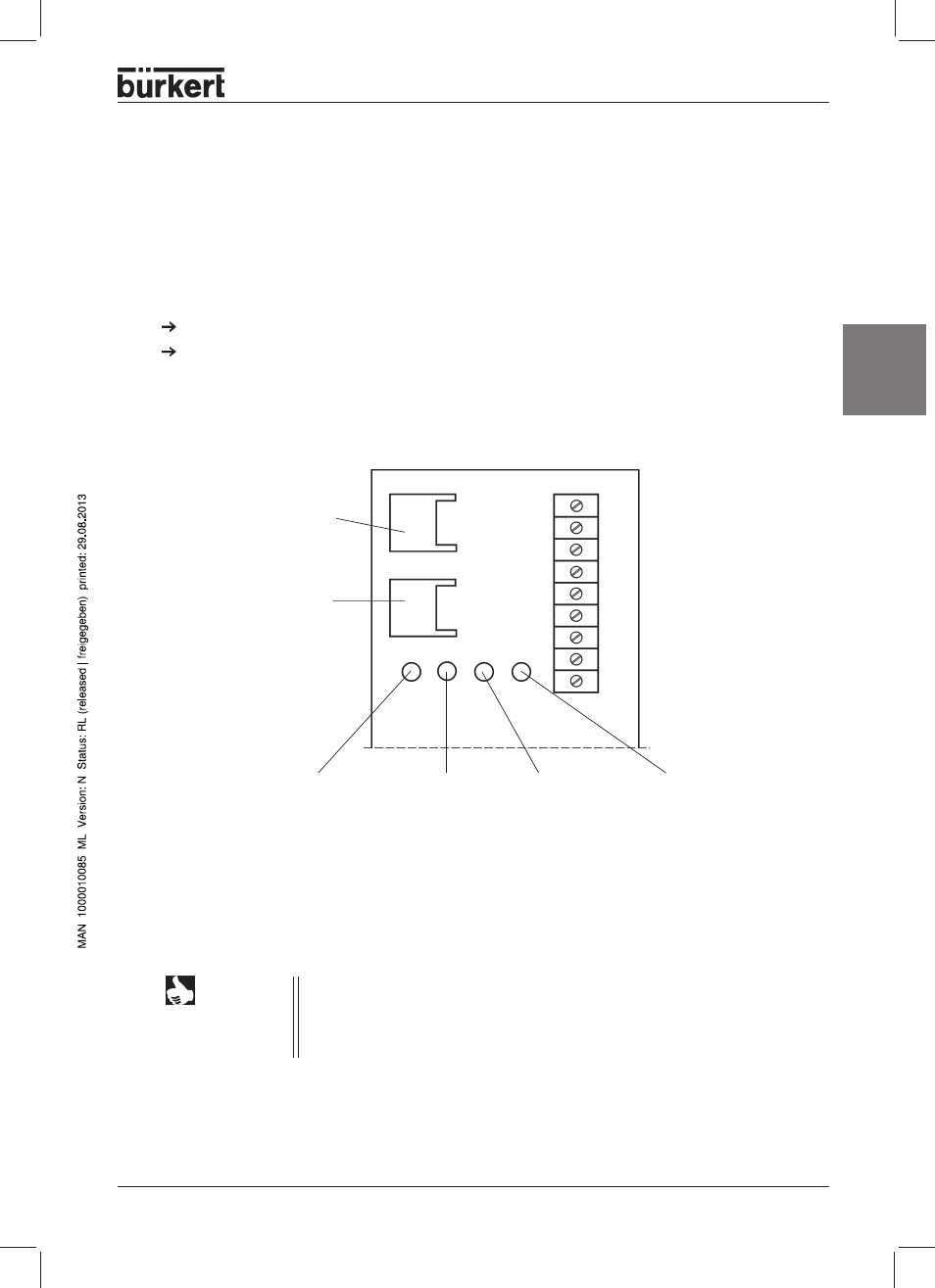 Electrical installation, English, Connection terminals for cable bushings | Burkert Type 8631 User Manual | Page 19 / 118