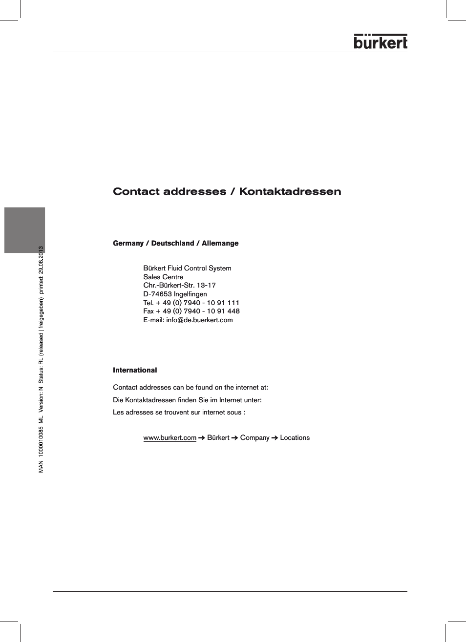 Deutsch, Contact addresses / kontaktadressen | Burkert Type 8631 User Manual | Page 44 / 118