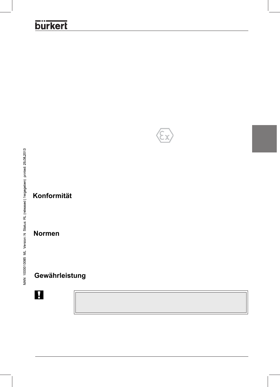 Garantiebestimmungen lieferumfang, Konformität, Normen | Gewährleistung, Deutsch | Burkert Type 8631 User Manual | Page 47 / 118