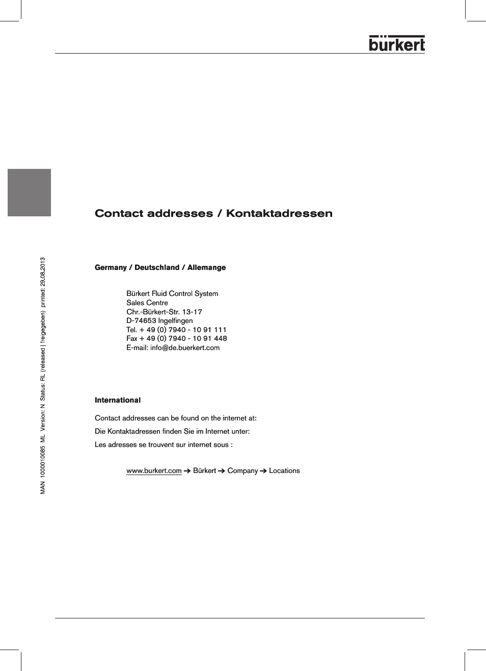 English, Contact addresses / kontaktadressen | Burkert Type 8631 User Manual | Page 6 / 118