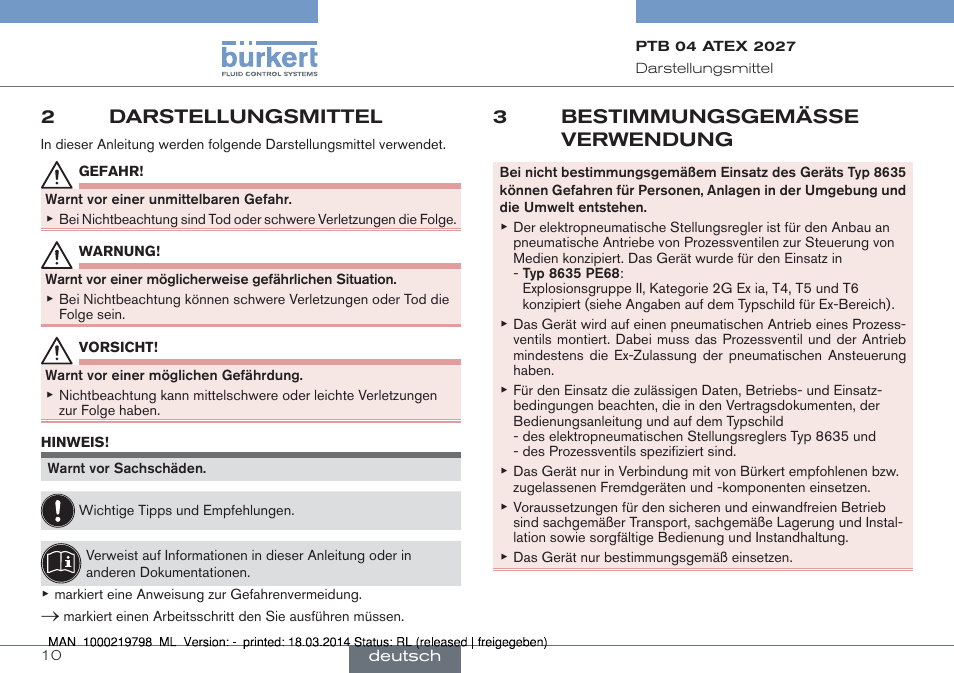 2 darstellungsmittel, 3 bestimmungsgemässe verwendung, 2darstellungsmittel | 3bestimmungsgemässe verwendung | Burkert Type 8635 User Manual | Page 10 / 22