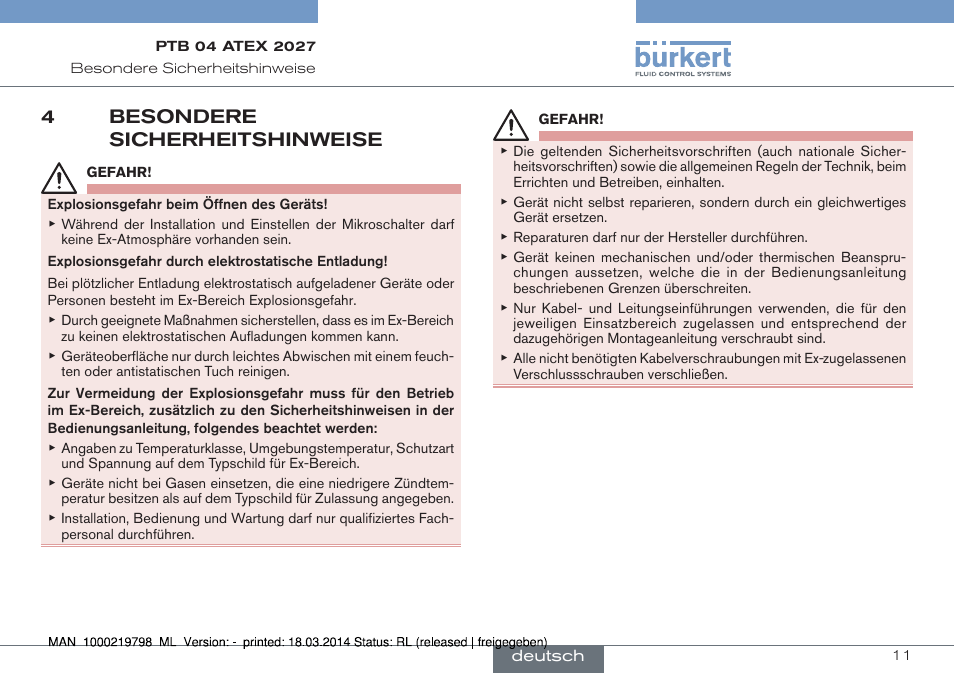 4 besondere sicherheitshinweise, 4besondere sicherheitshinweise | Burkert Type 8635 User Manual | Page 11 / 22